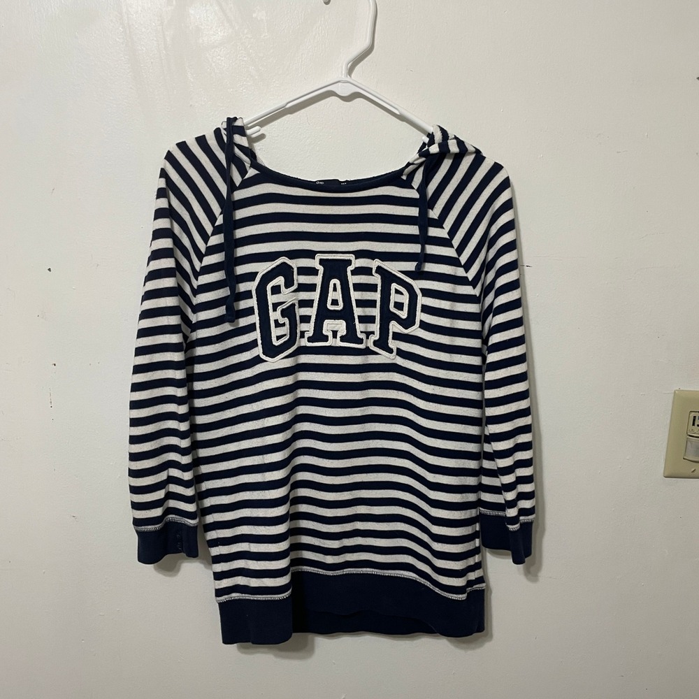 GAP Retro Women Navy White Striped Hoodie Pullover Top M Logo Nautical